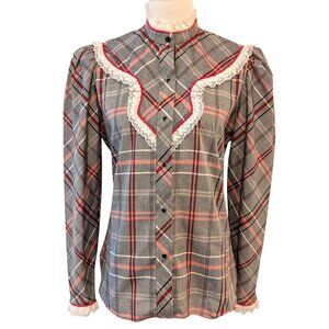 Vintage Kenny Rogers Womens Sz 13/14 Gray Red Plaid Lace Pearl Snap Western Top